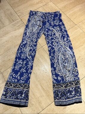 Blue Paisley Print Wide-Leg Pants